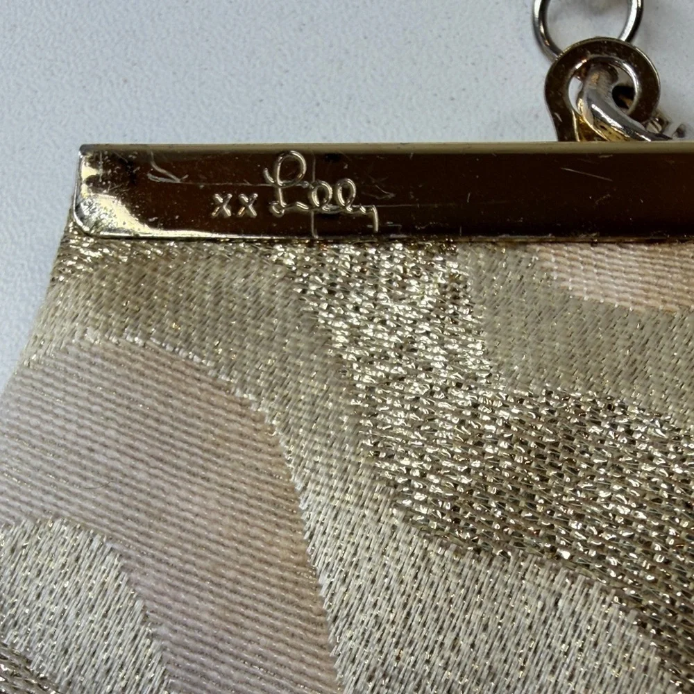 Lilly Pulitzer Gold Shimmer Cream Pink Clutch Bag w golden chain